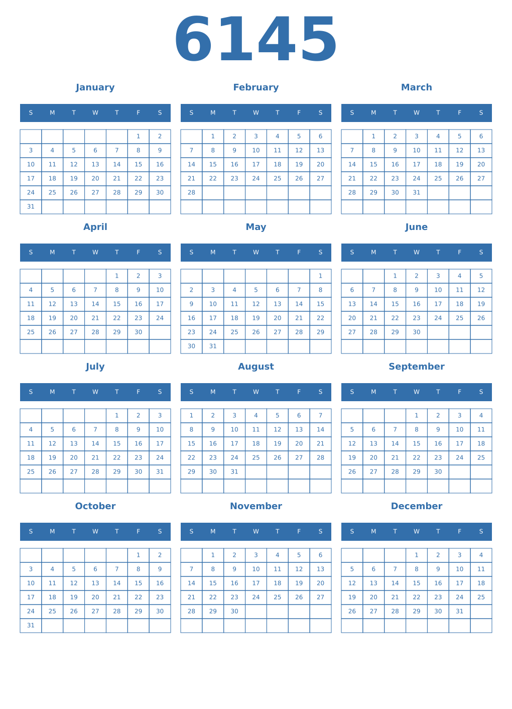 Printable 6145 Year Calendars blue