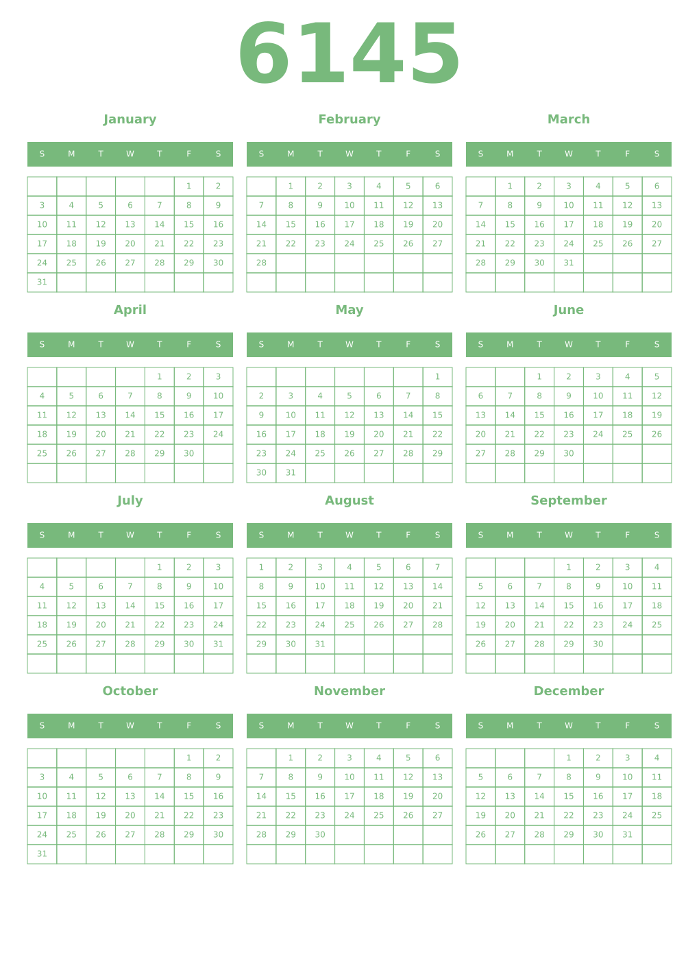 Printable 6145 Year Calendars celadon