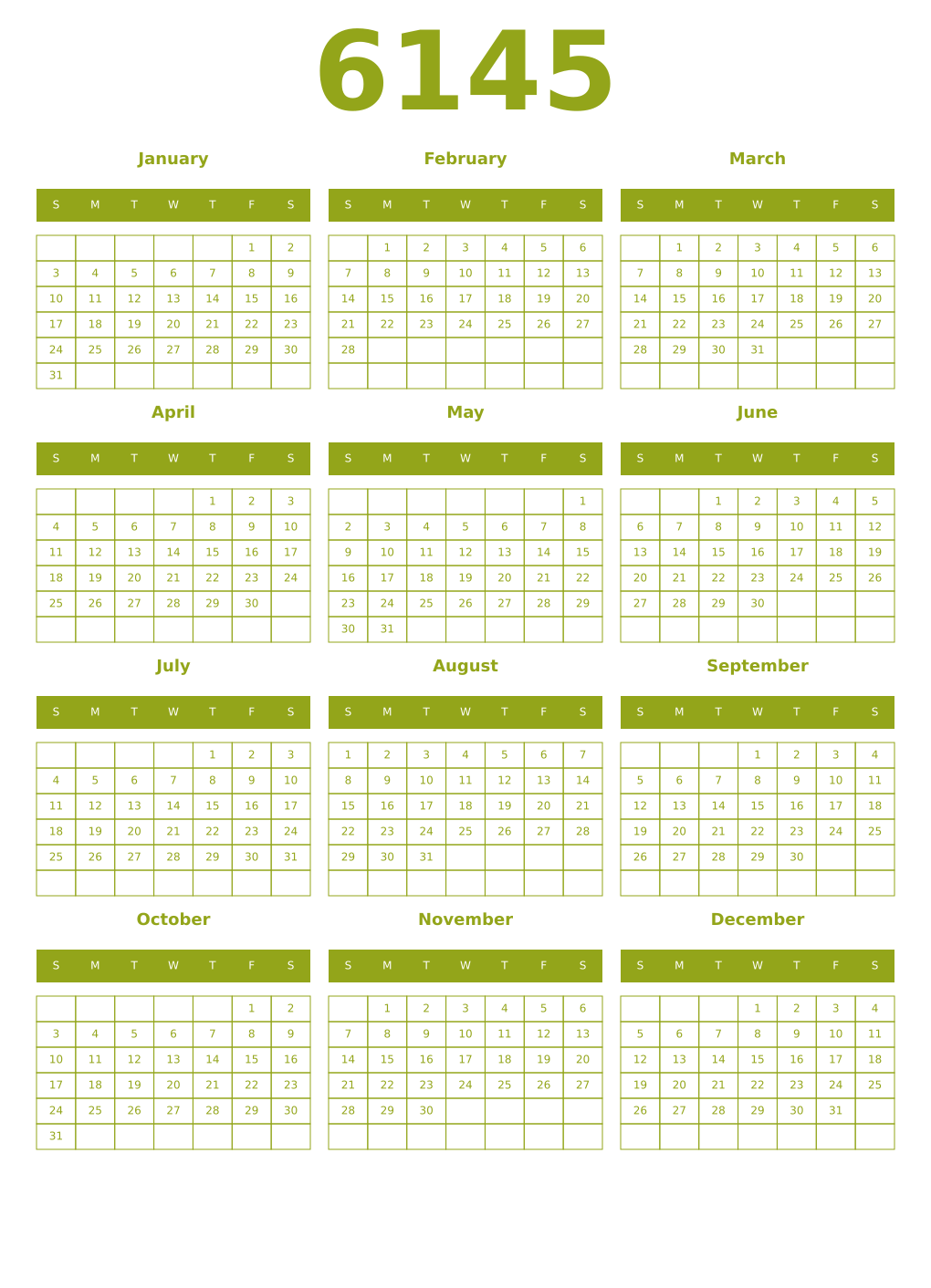 Printable 6145 Year Calendars chartreuse