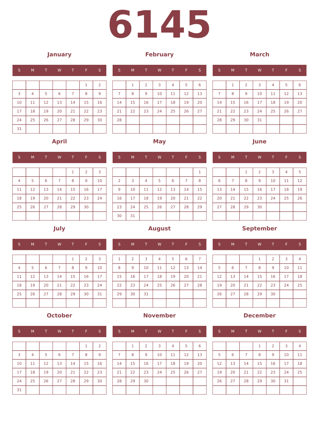 Printable 6145 Year Calendars cordovan