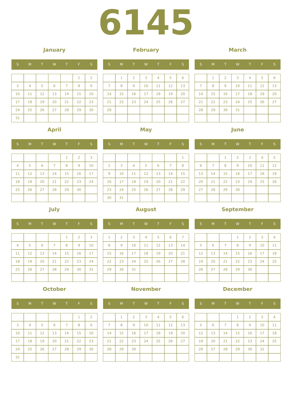 Printable 6145 Year Calendars eburnean