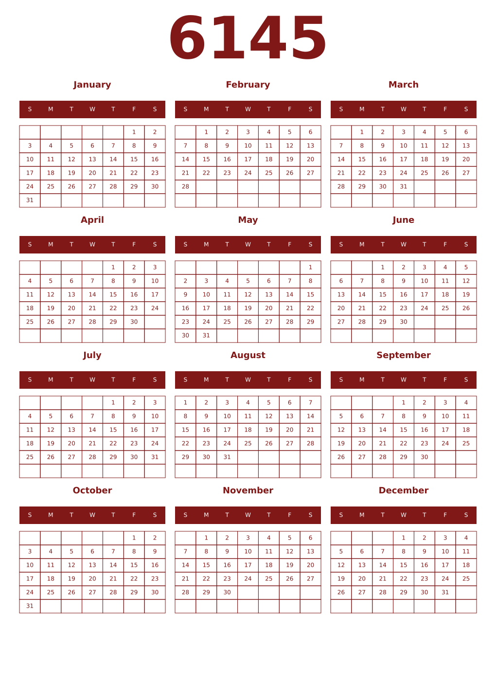 Printable 6145 Year Calendars falu