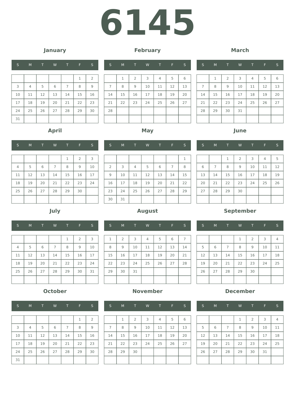 Printable 6145 Year Calendars feldgrau