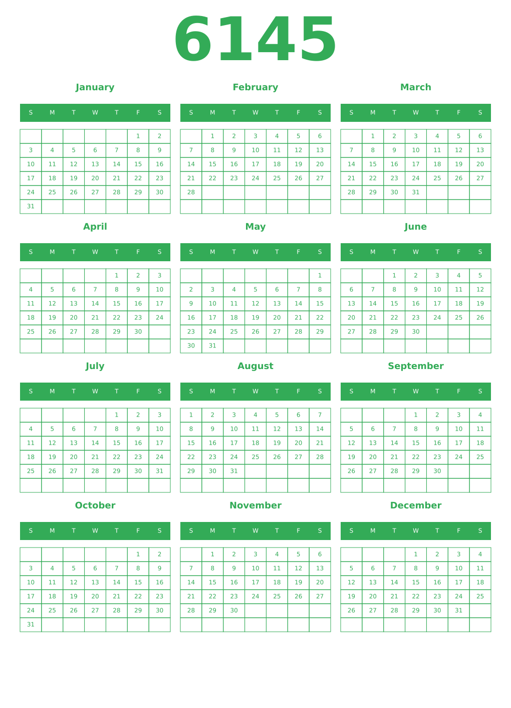 Printable 6145 Year Calendars green