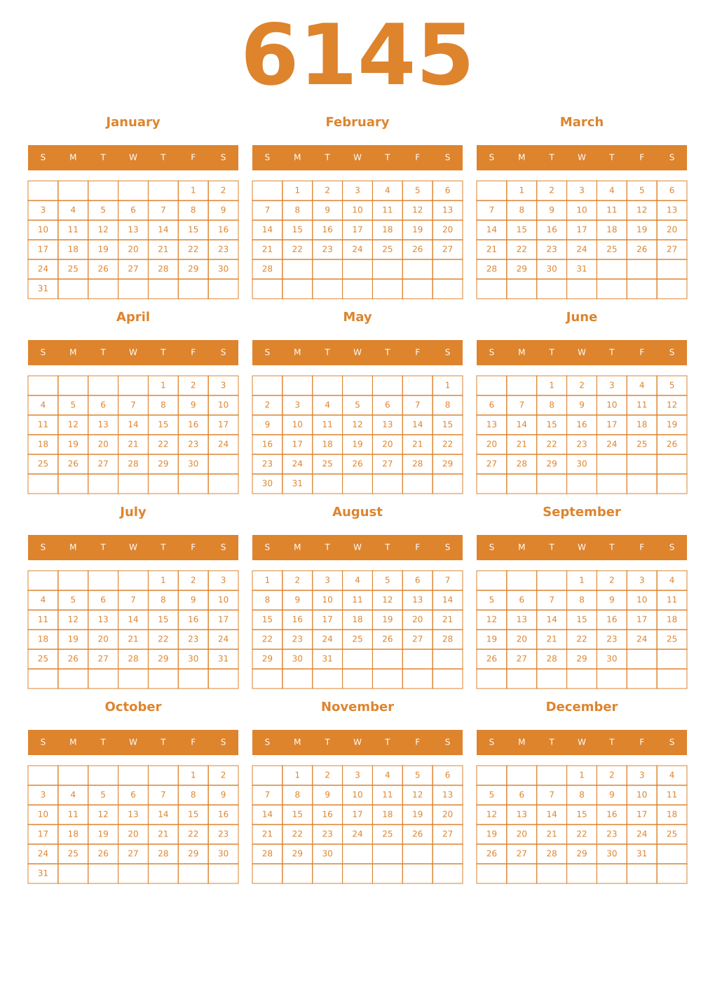 Printable 6145 Year Calendars orange