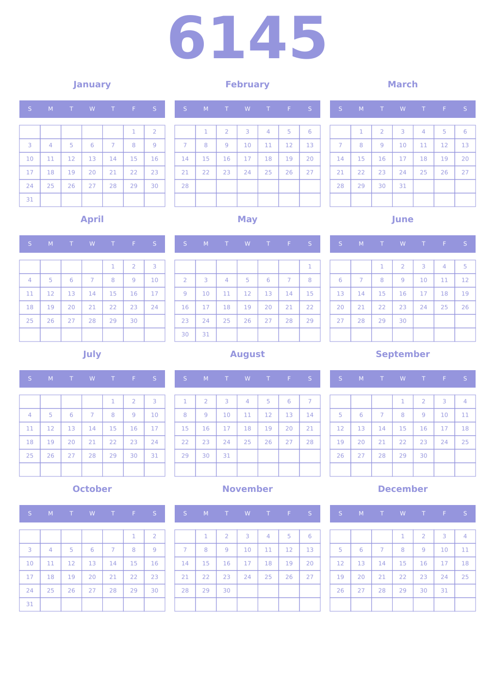 Printable 6145 Year Calendars periwinkle
