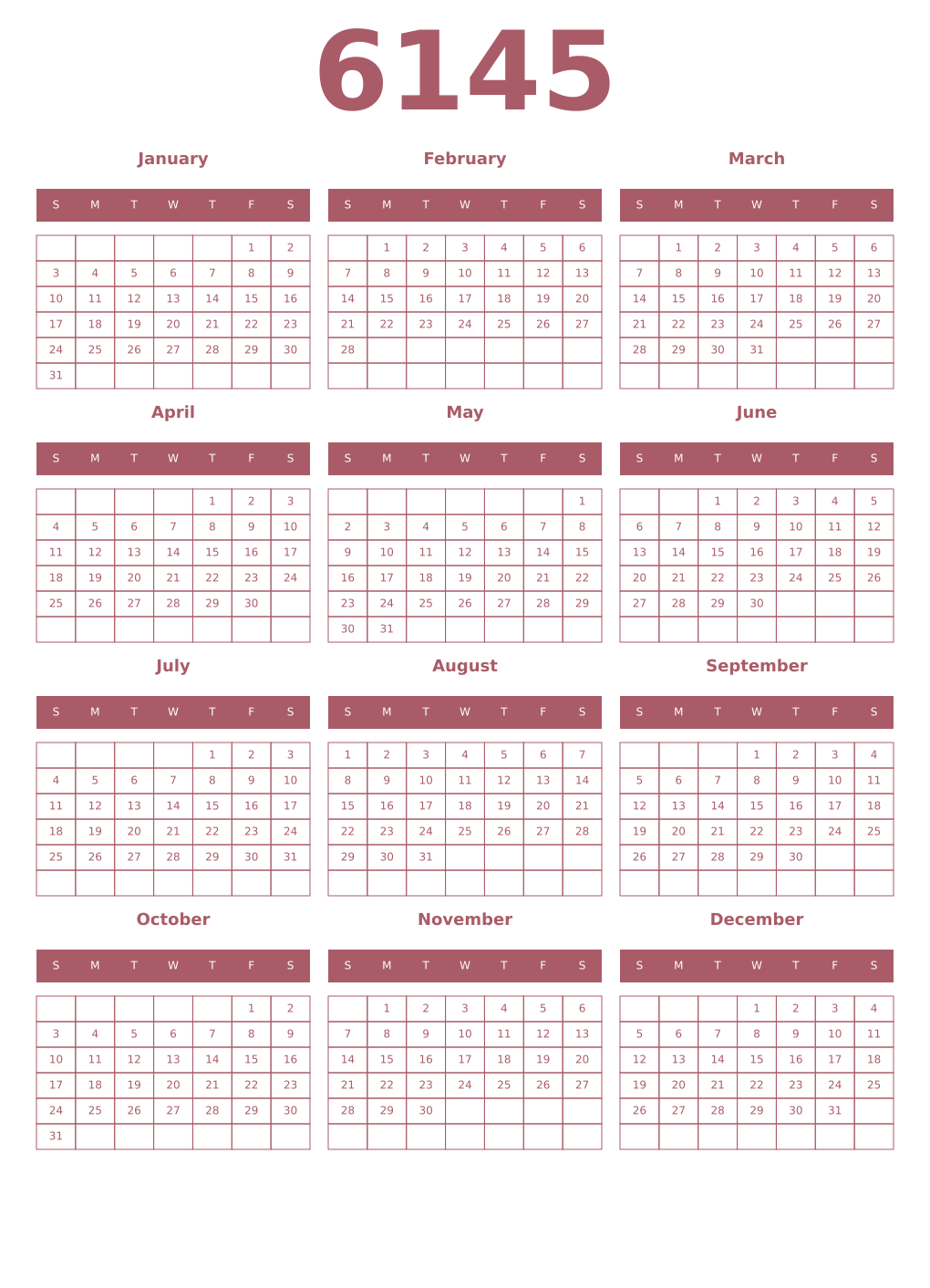 Printable 6145 Year Calendars puce