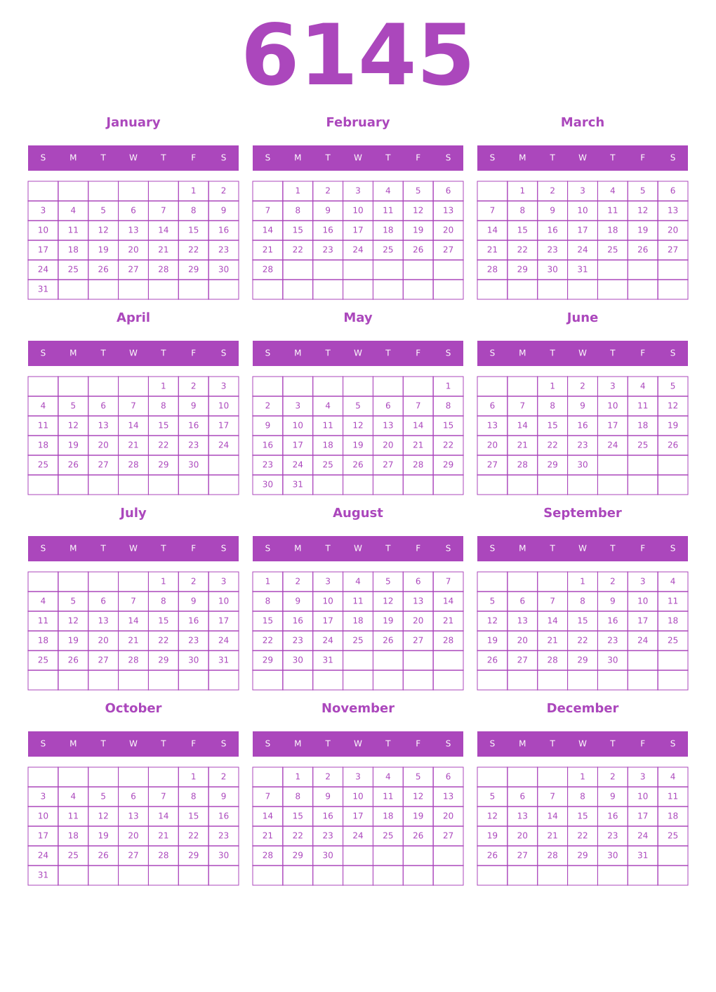 Printable 6145 Year Calendars purple