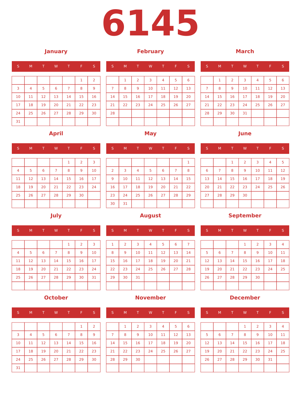 Printable 6145 Year Calendars red