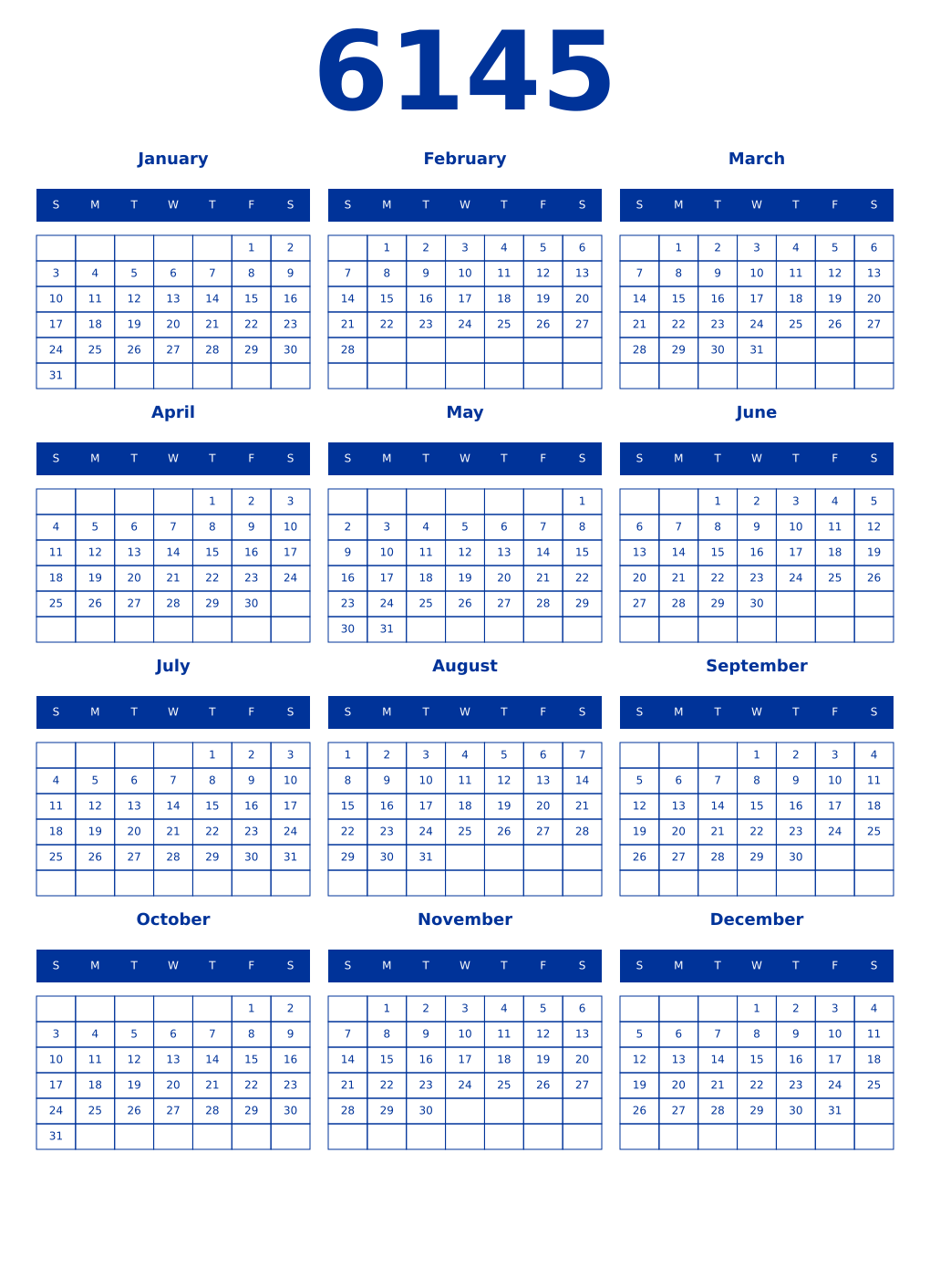 Printable 6145 Year Calendars smalt