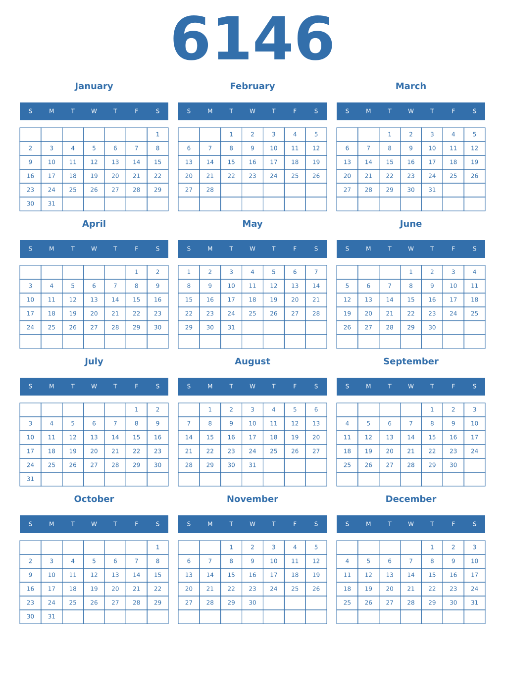 Printable 6146 Year Calendars blue