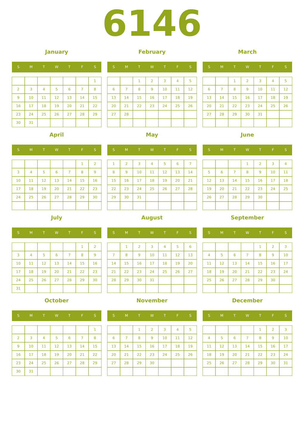 Printable 6146 Year Calendars chartreuse