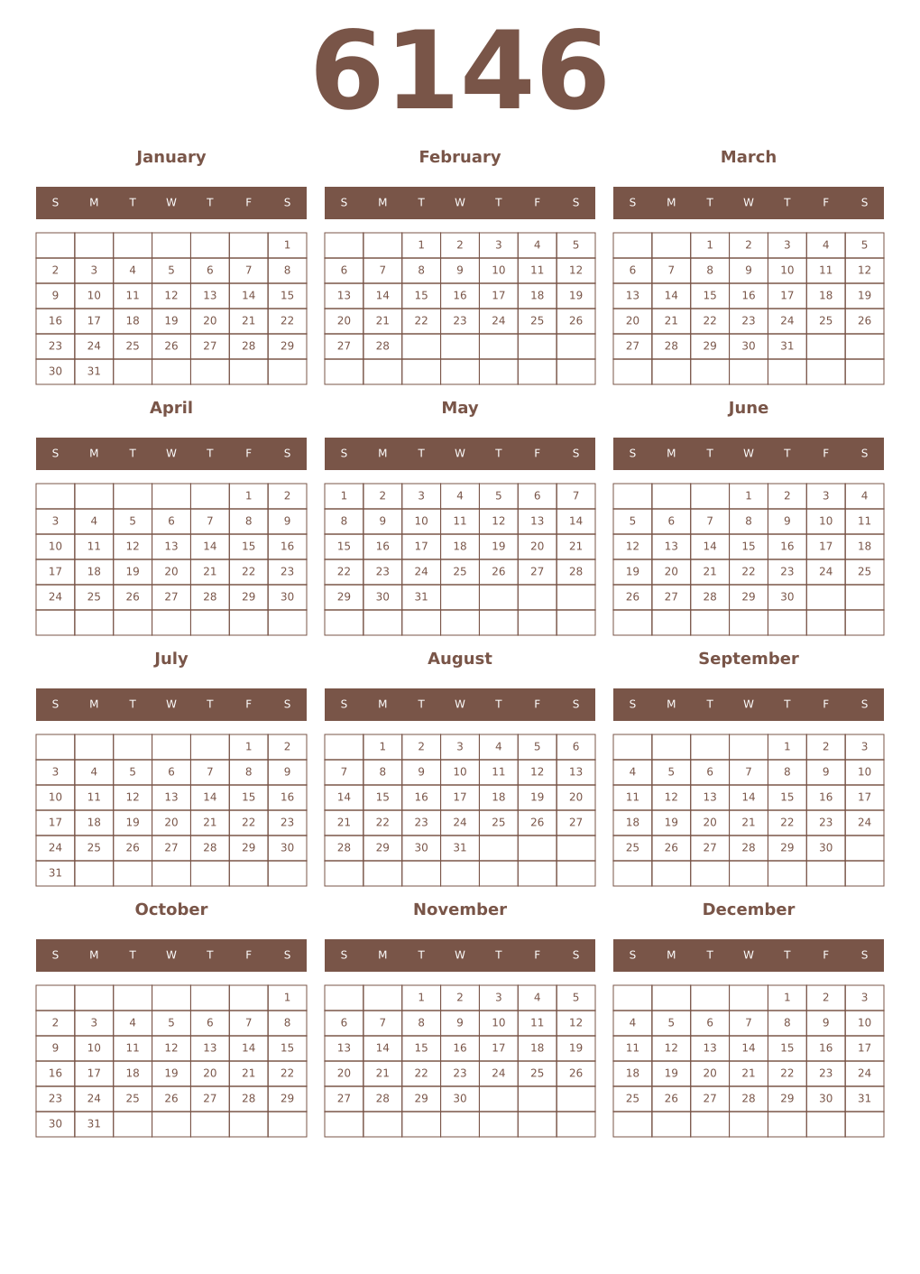 Printable 6146 Year Calendars coffe