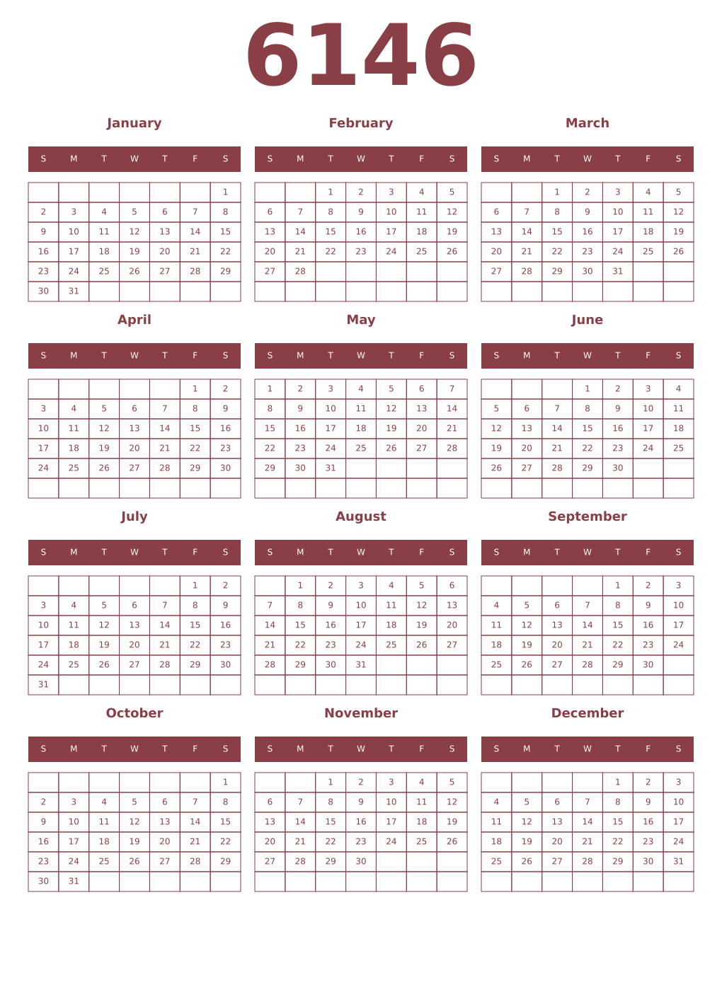 Printable 6146 Year Calendars cordovan