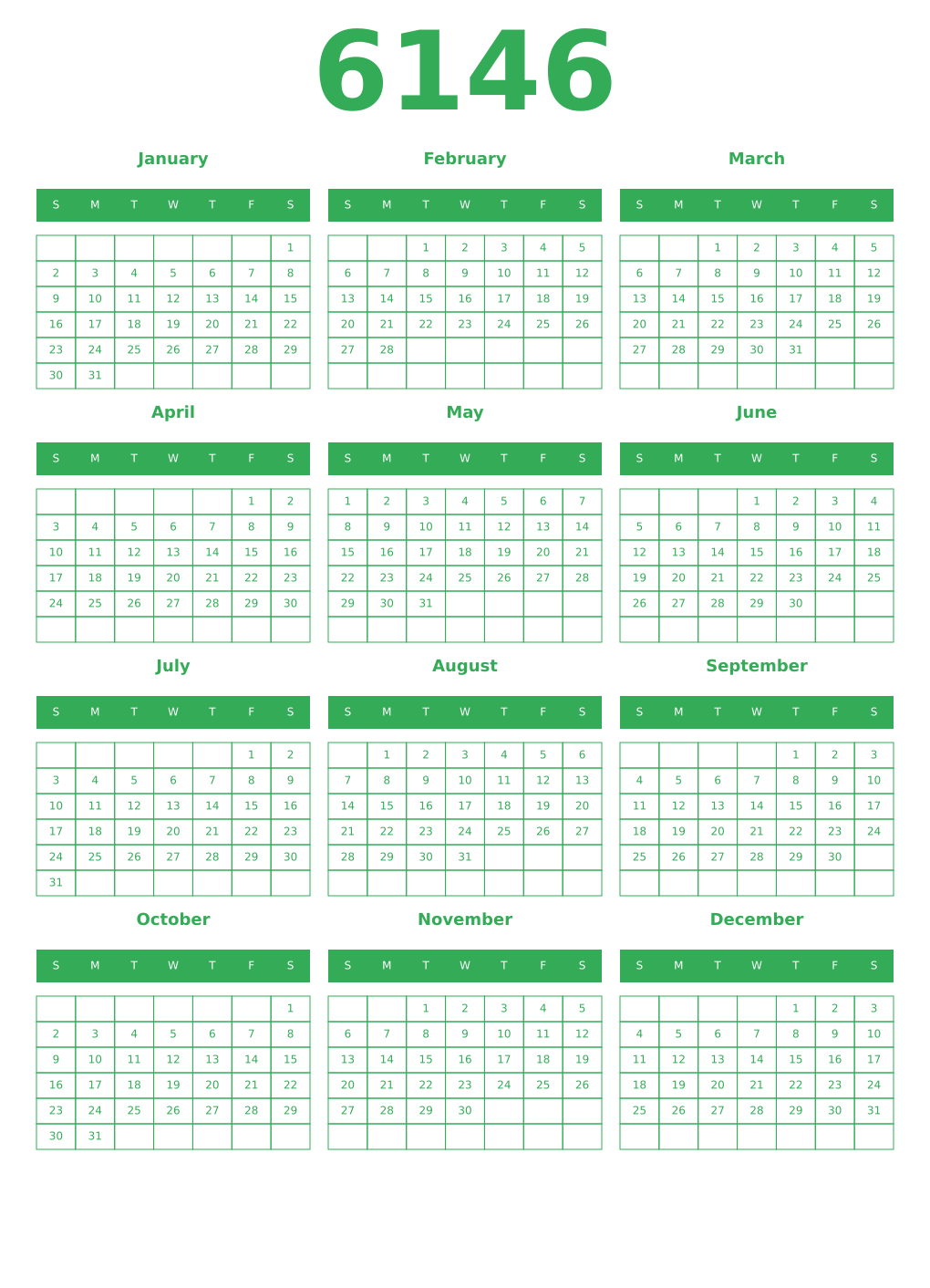 Printable 6146 Year Calendars green
