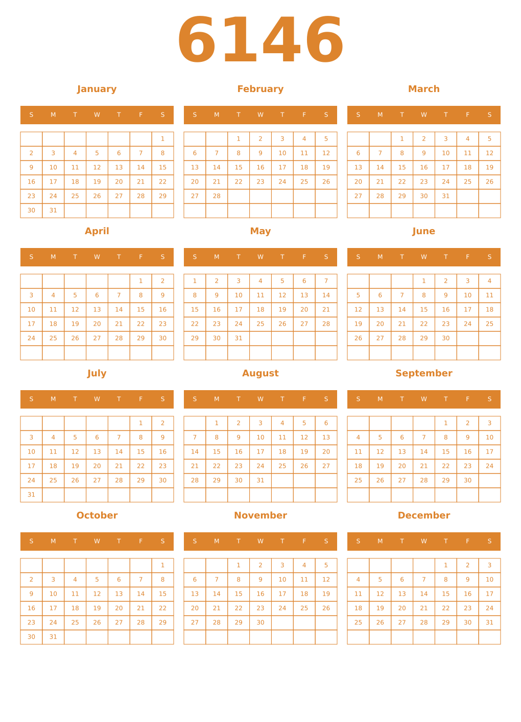 Printable 6146 Year Calendars orange