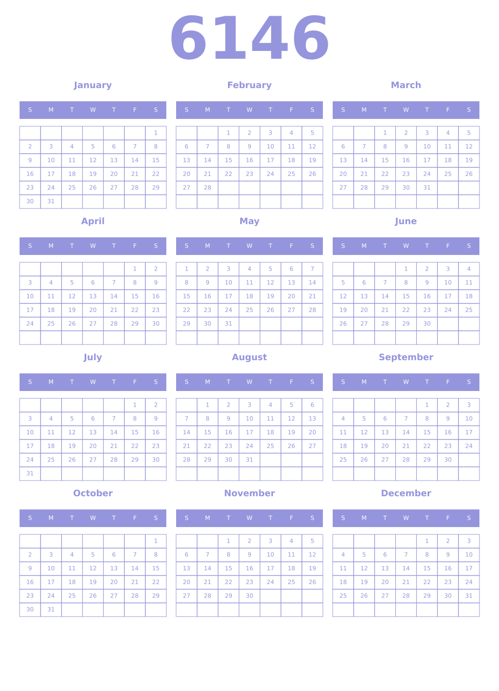 Printable 6146 Year Calendars periwinkle