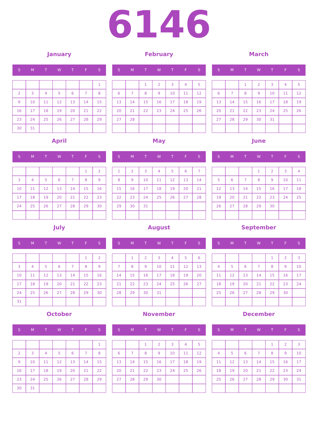 Printable 6146 Year Calendars purple