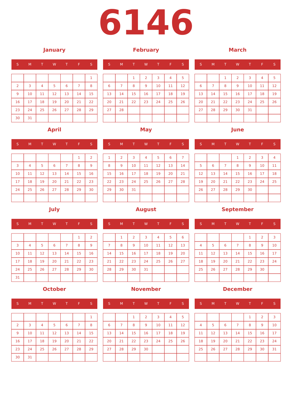 Printable 6146 Year Calendars red