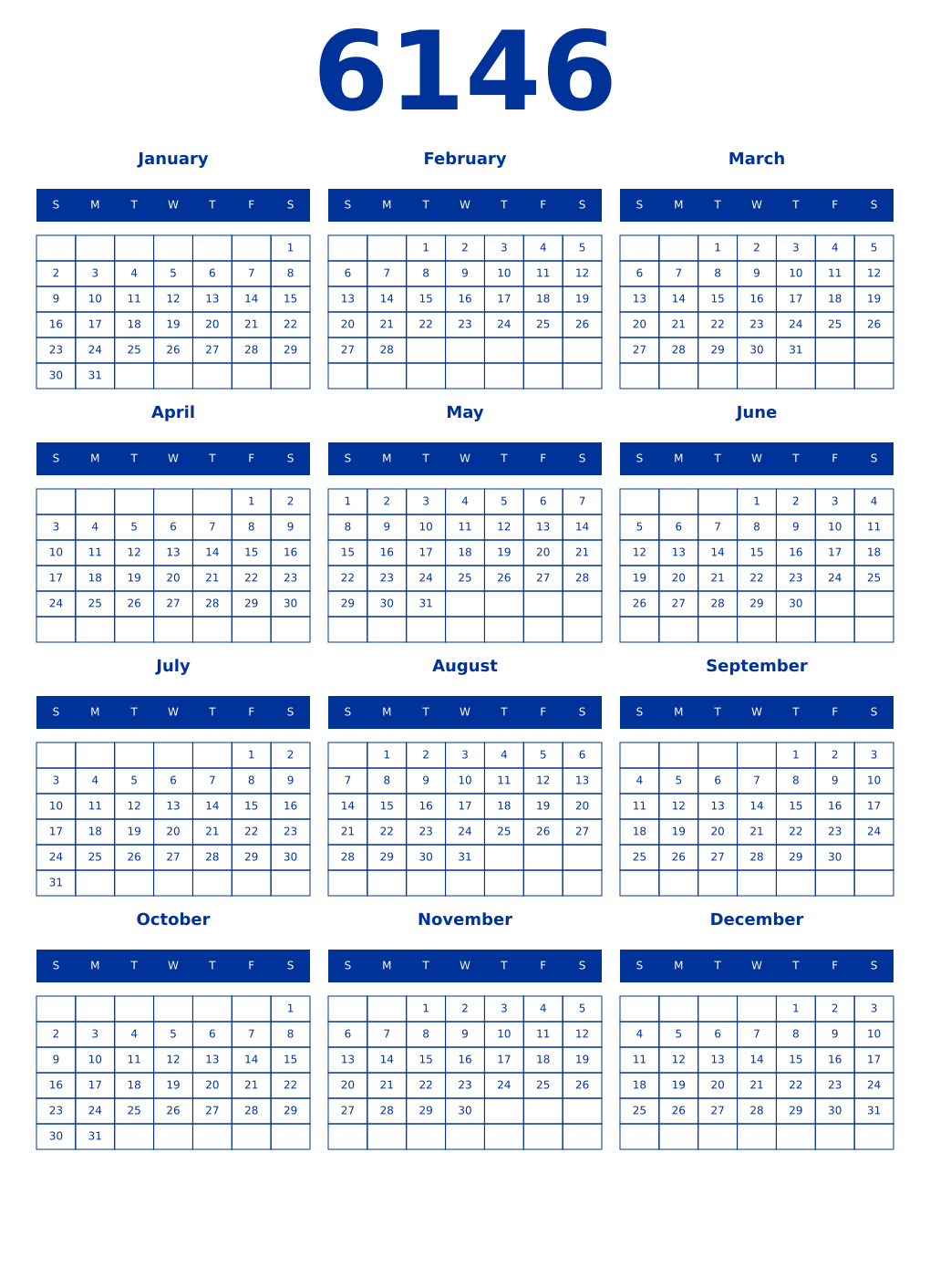 Printable 6146 Year Calendars smalt
