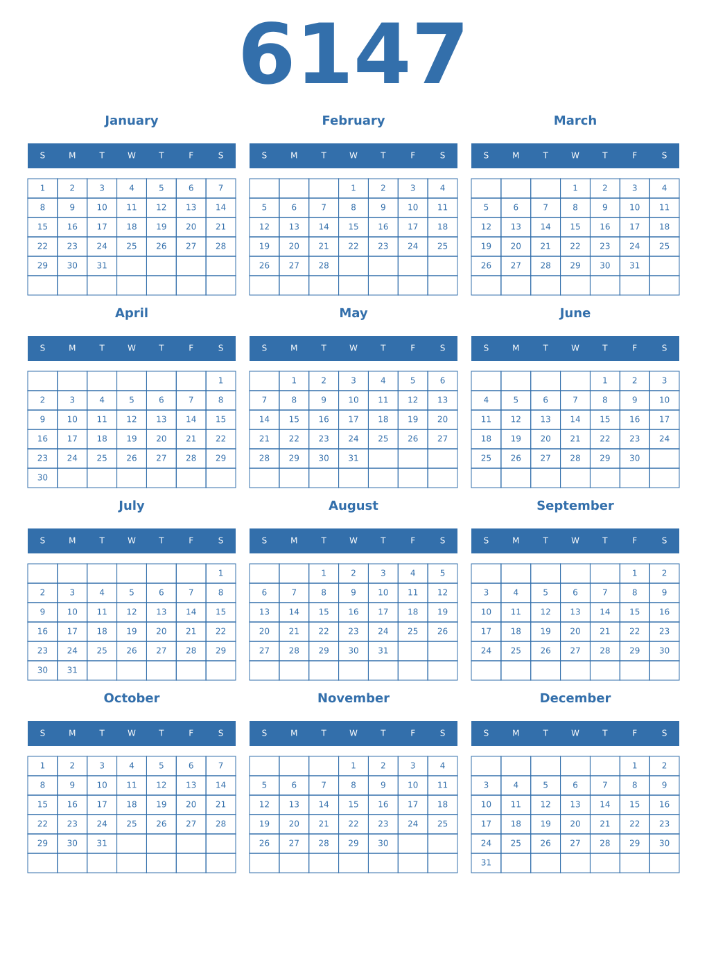Printable 6147 Year Calendars blue