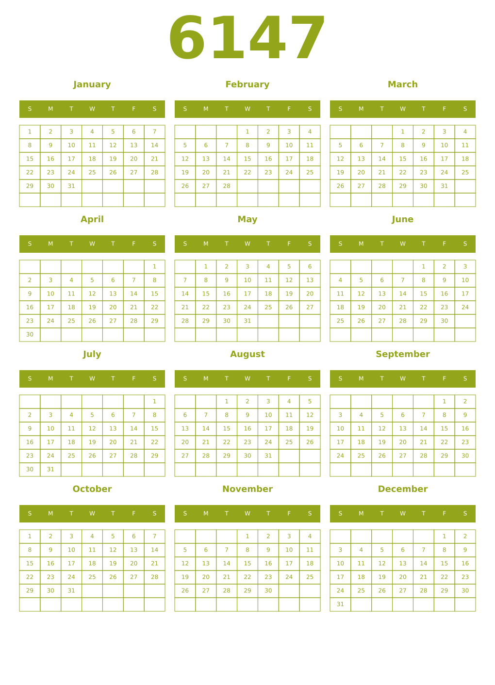 Printable 6147 Year Calendars chartreuse