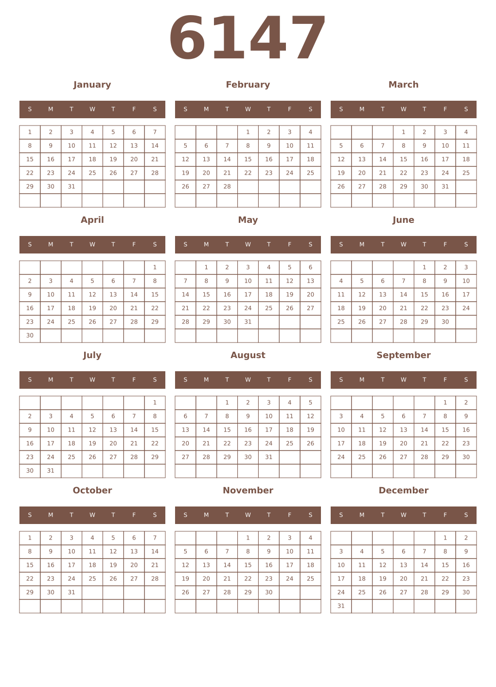 Printable 6147 Year Calendars coffe