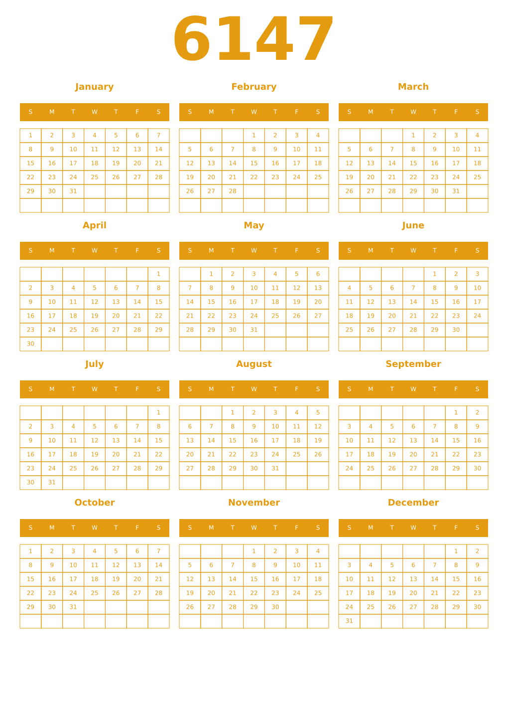 Printable 6147 Year Calendars gamboge