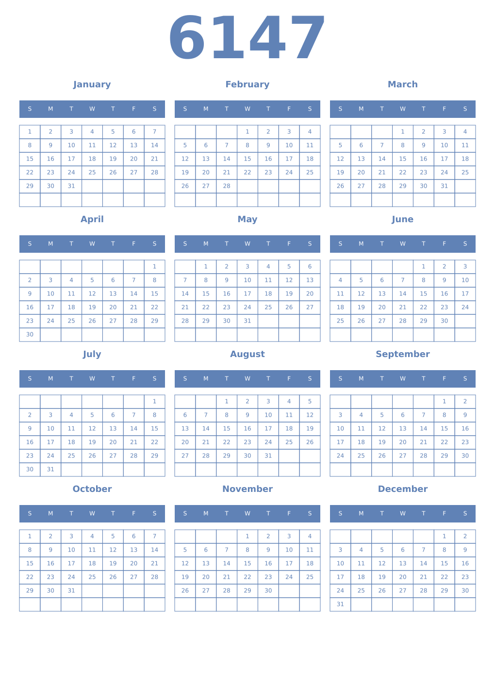 Printable 6147 Year Calendars glaucous