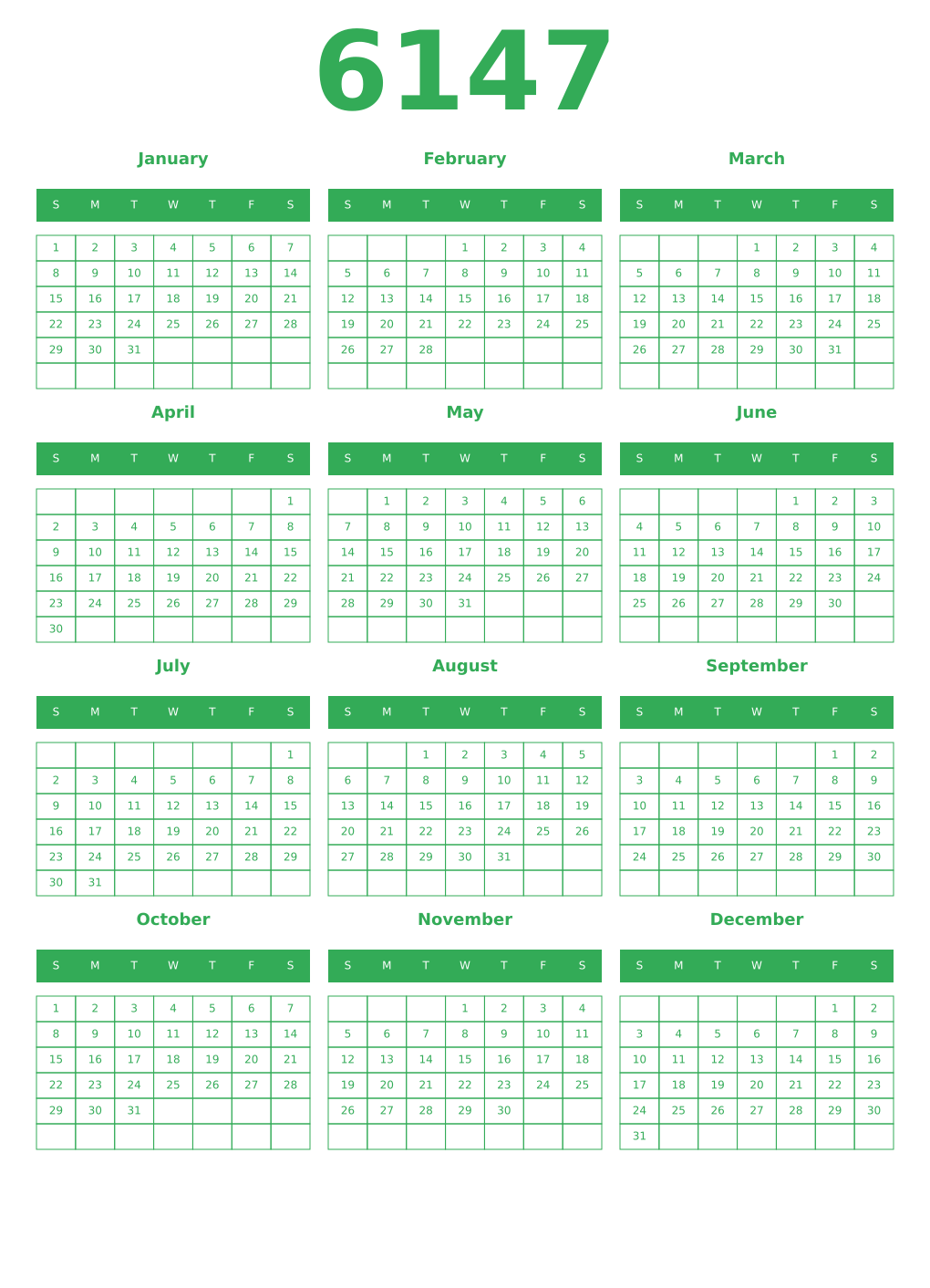 Printable 6147 Year Calendars green