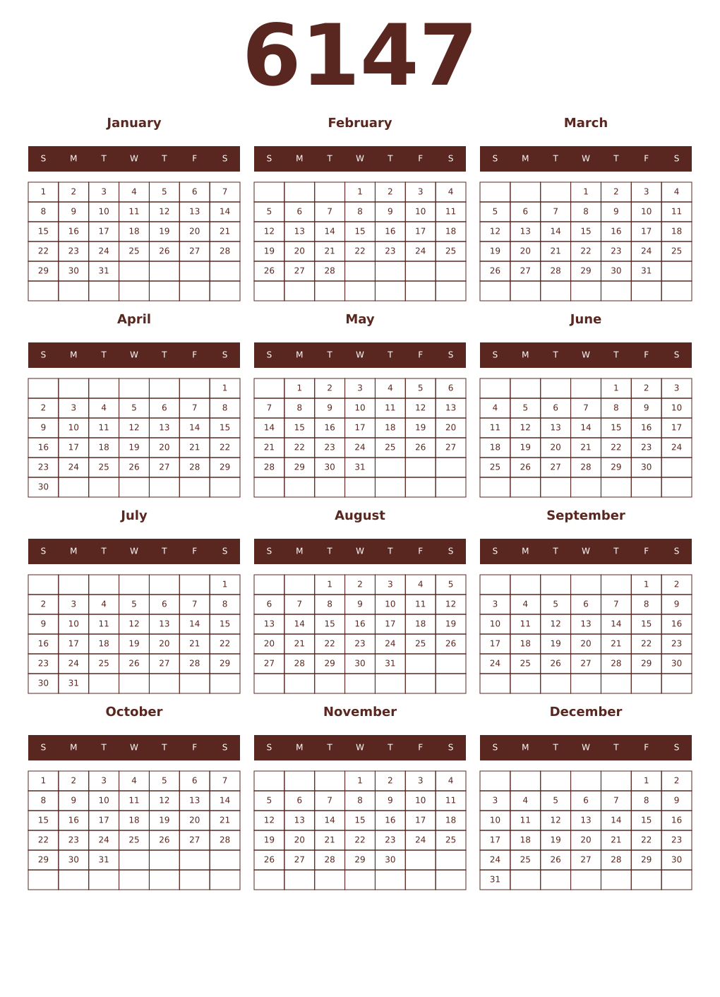 Printable 6147 Year Calendars mortuum
