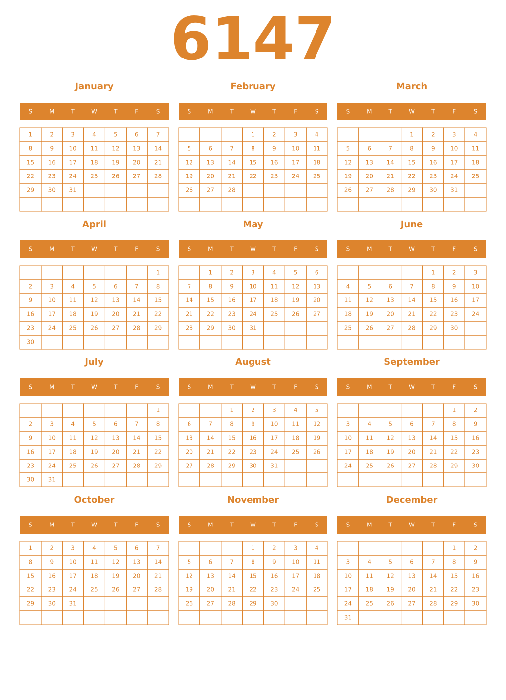 Printable 6147 Year Calendars orange