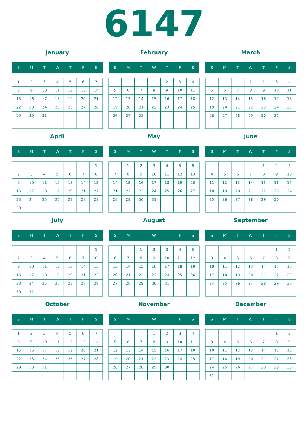 Printable 6147 Year Calendars pastel