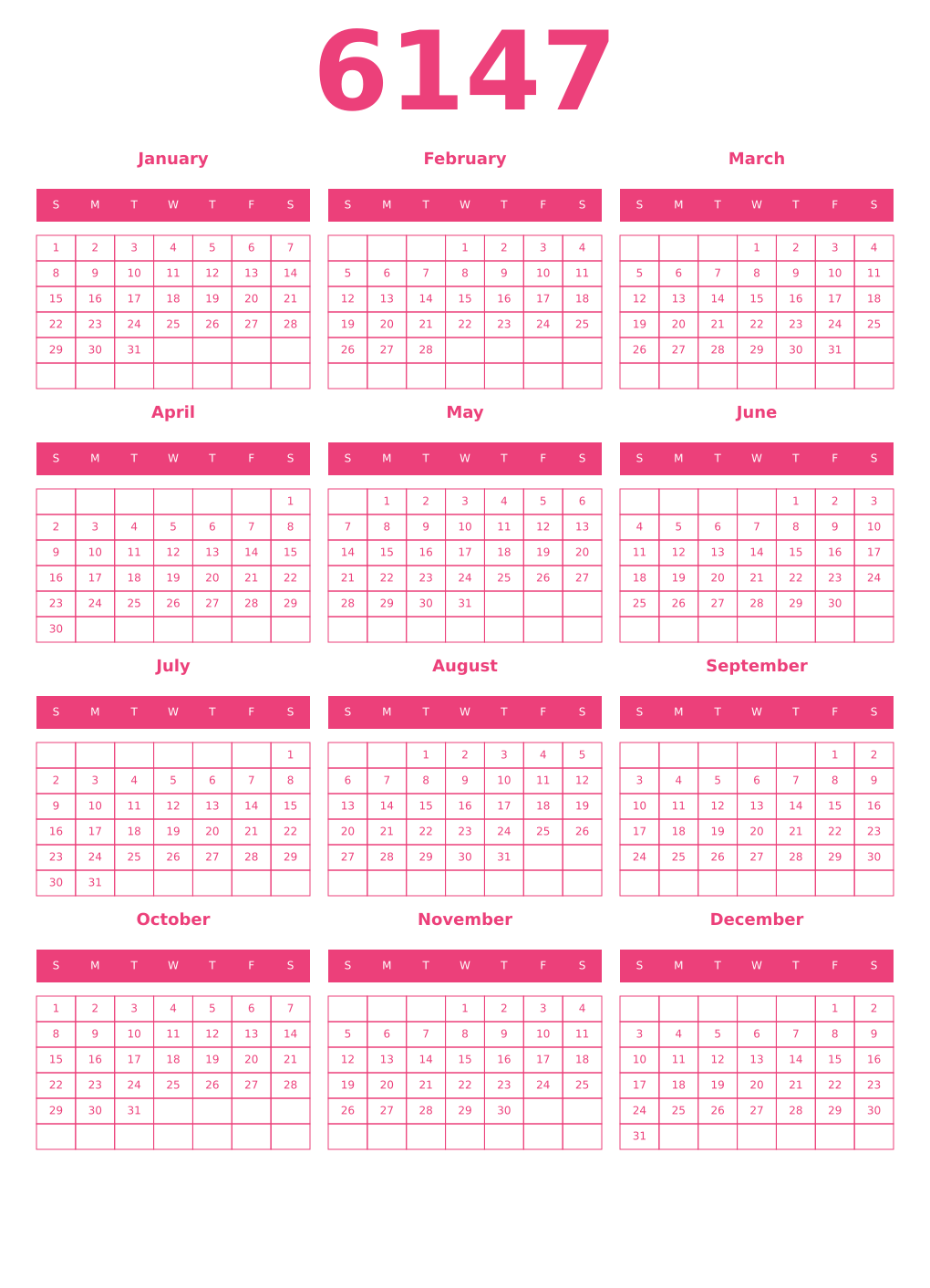 Printable 6147 Year Calendars pink