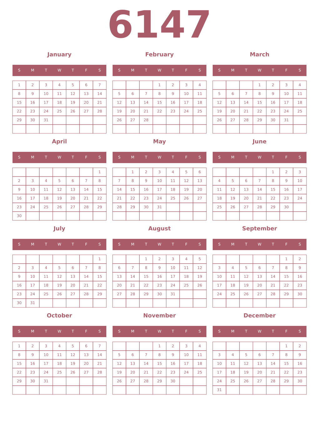Printable 6147 Year Calendars puce
