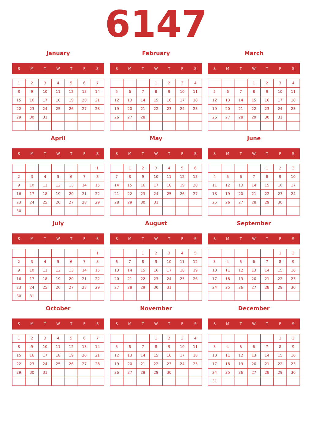 Printable 6147 Year Calendars red