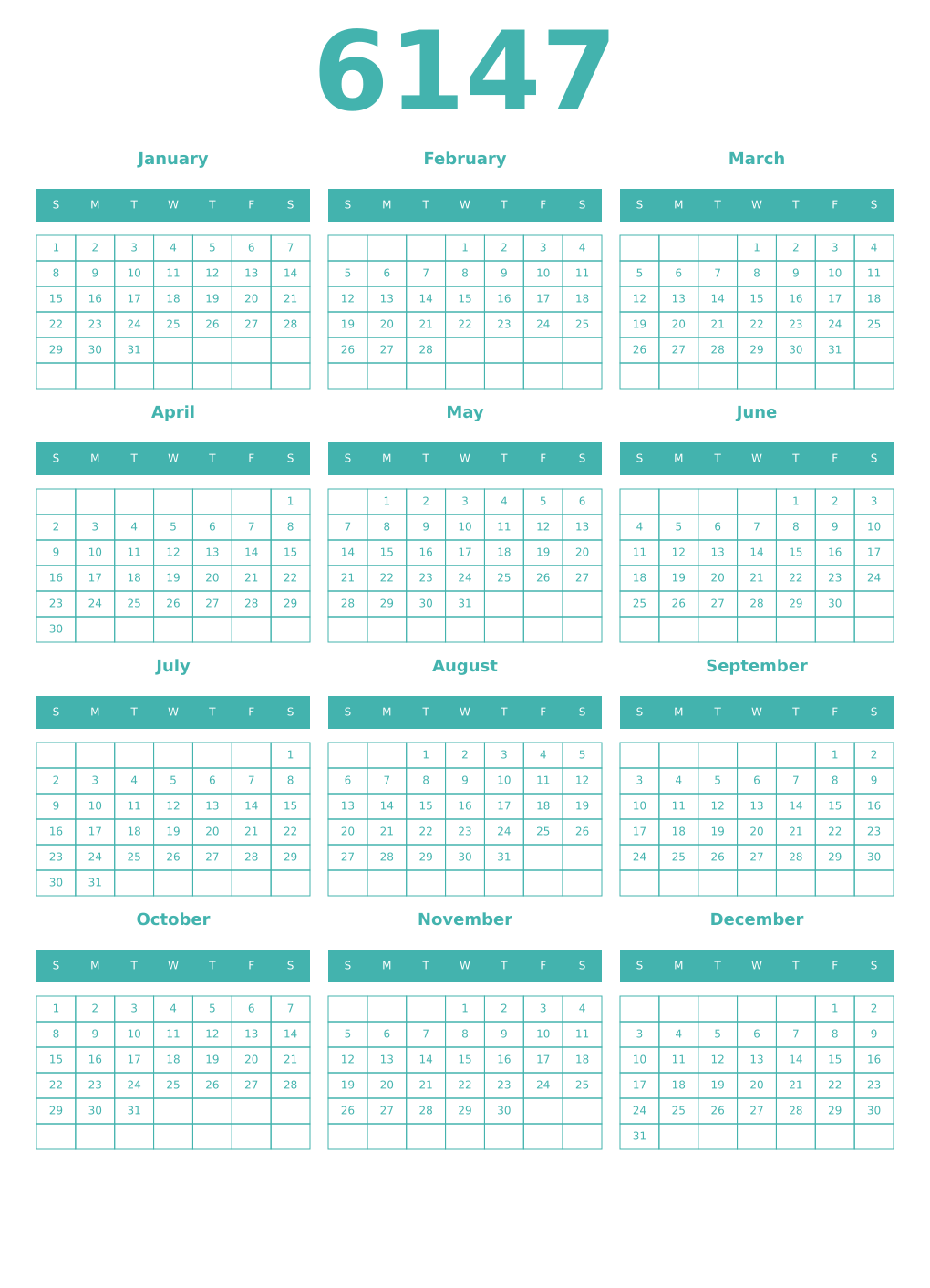 Printable 6147 Year Calendars verdigris