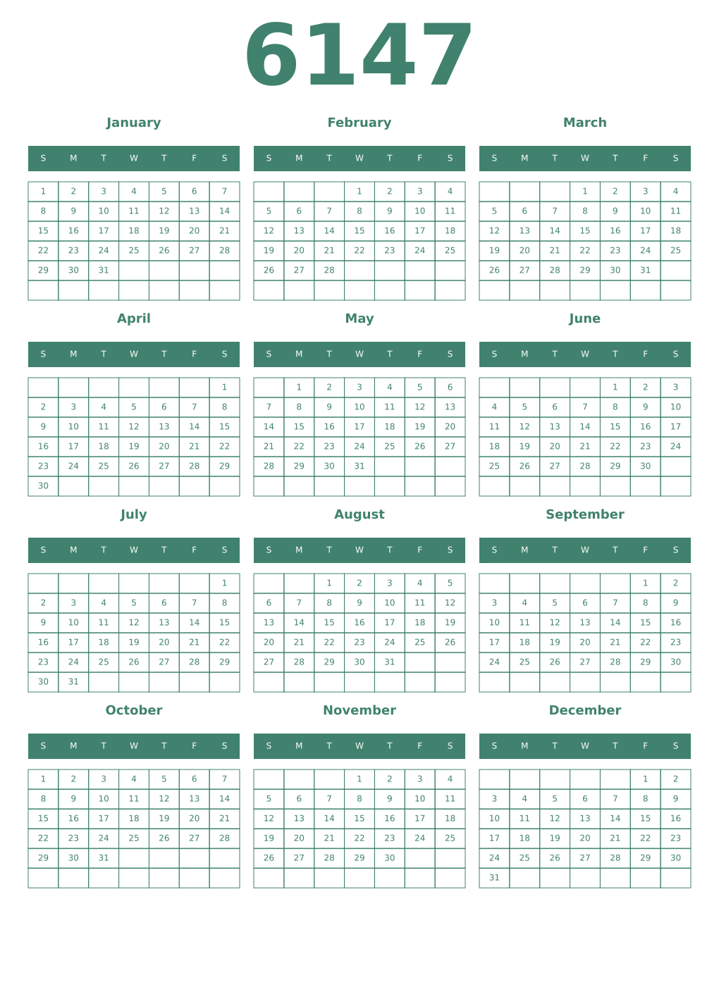 Printable 6147 Year Calendars viridian
