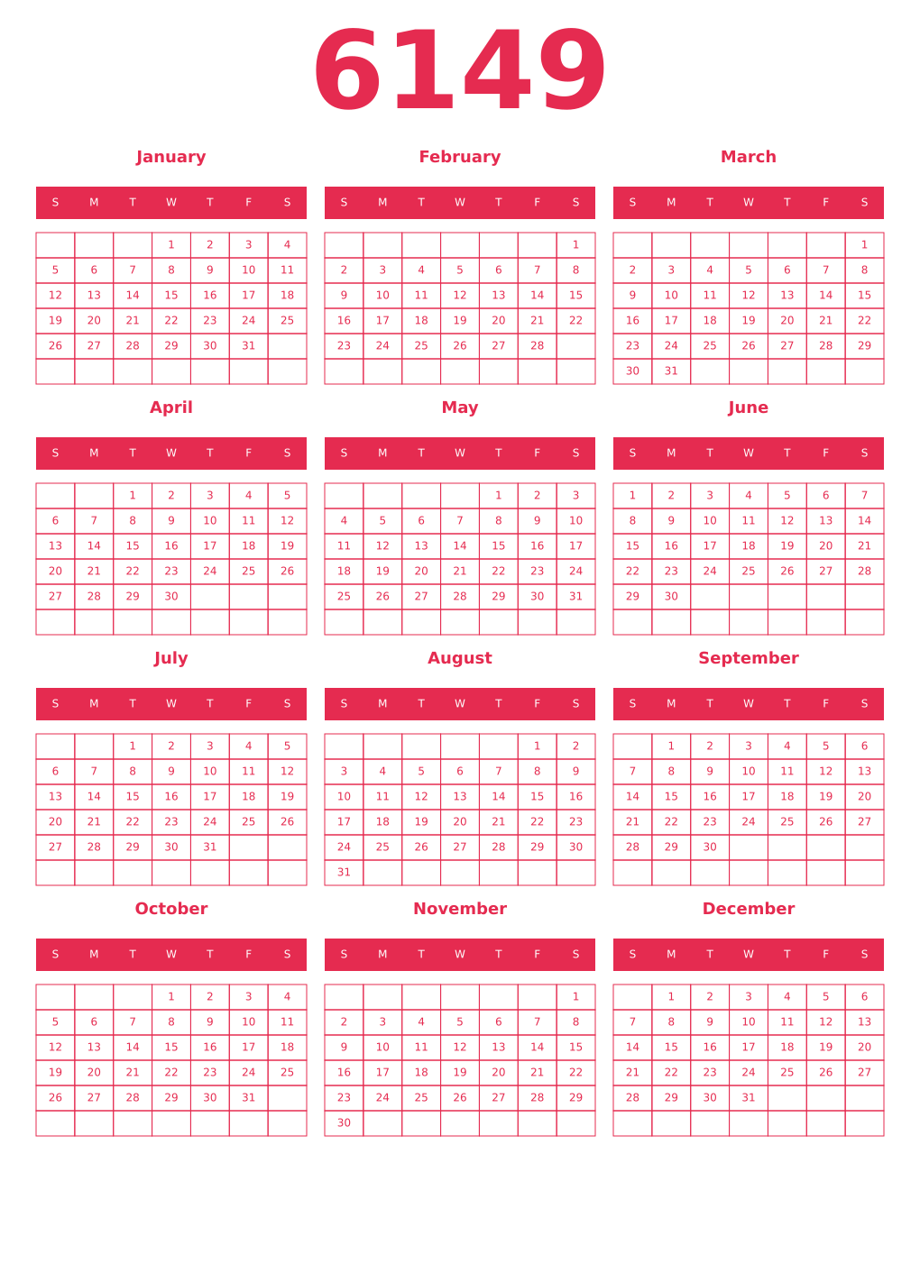 Printable 6149 Year Calendars amaranth