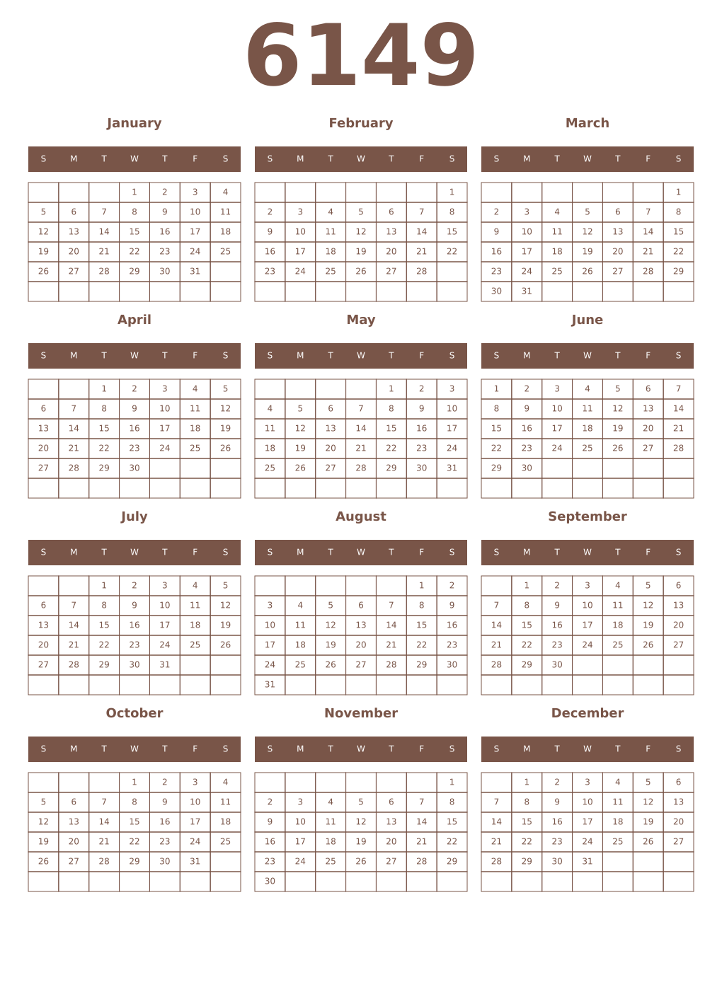 Printable 6149 Year Calendars coffe