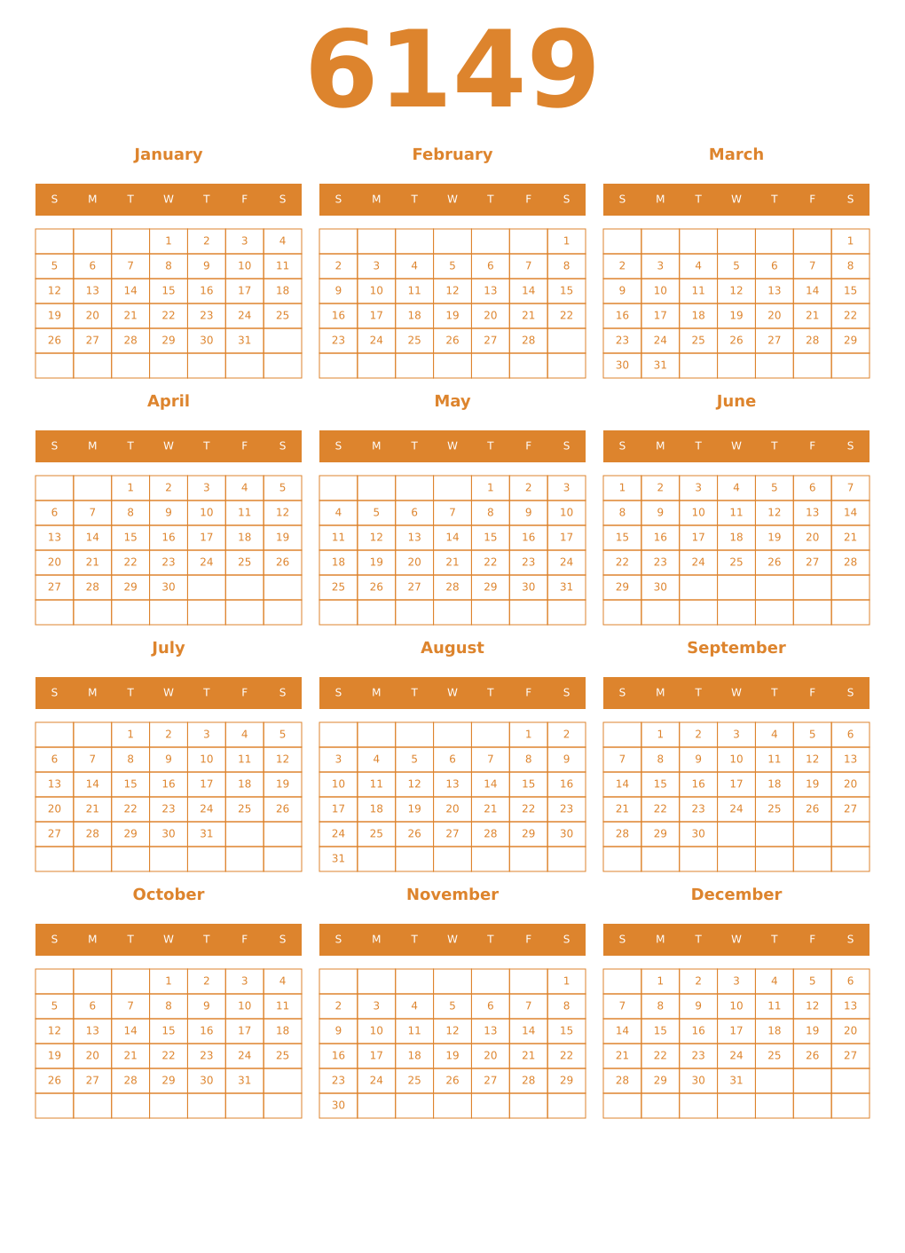 Printable 6149 Year Calendars orange