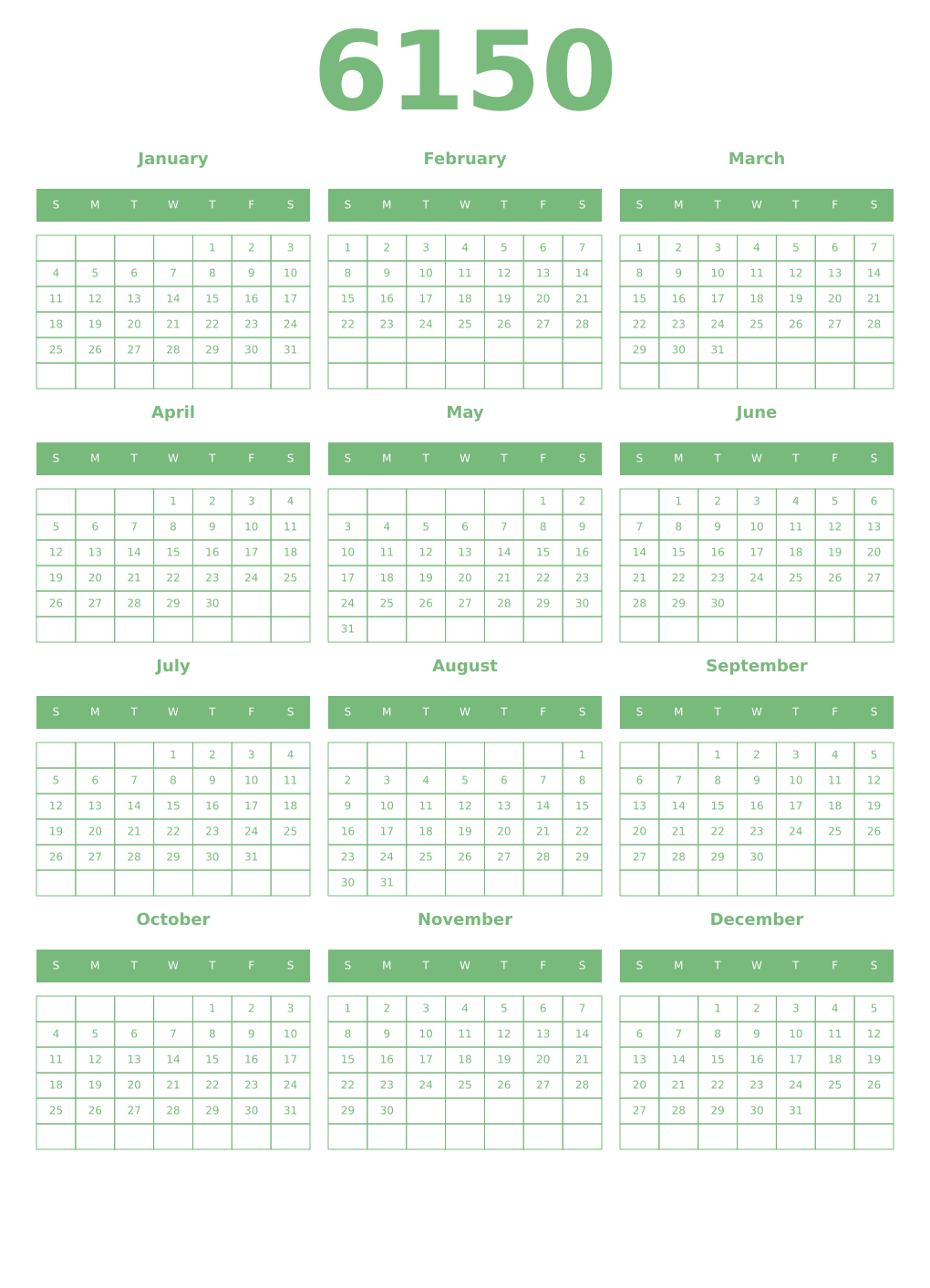 Printable 6150 Year Calendars celadon