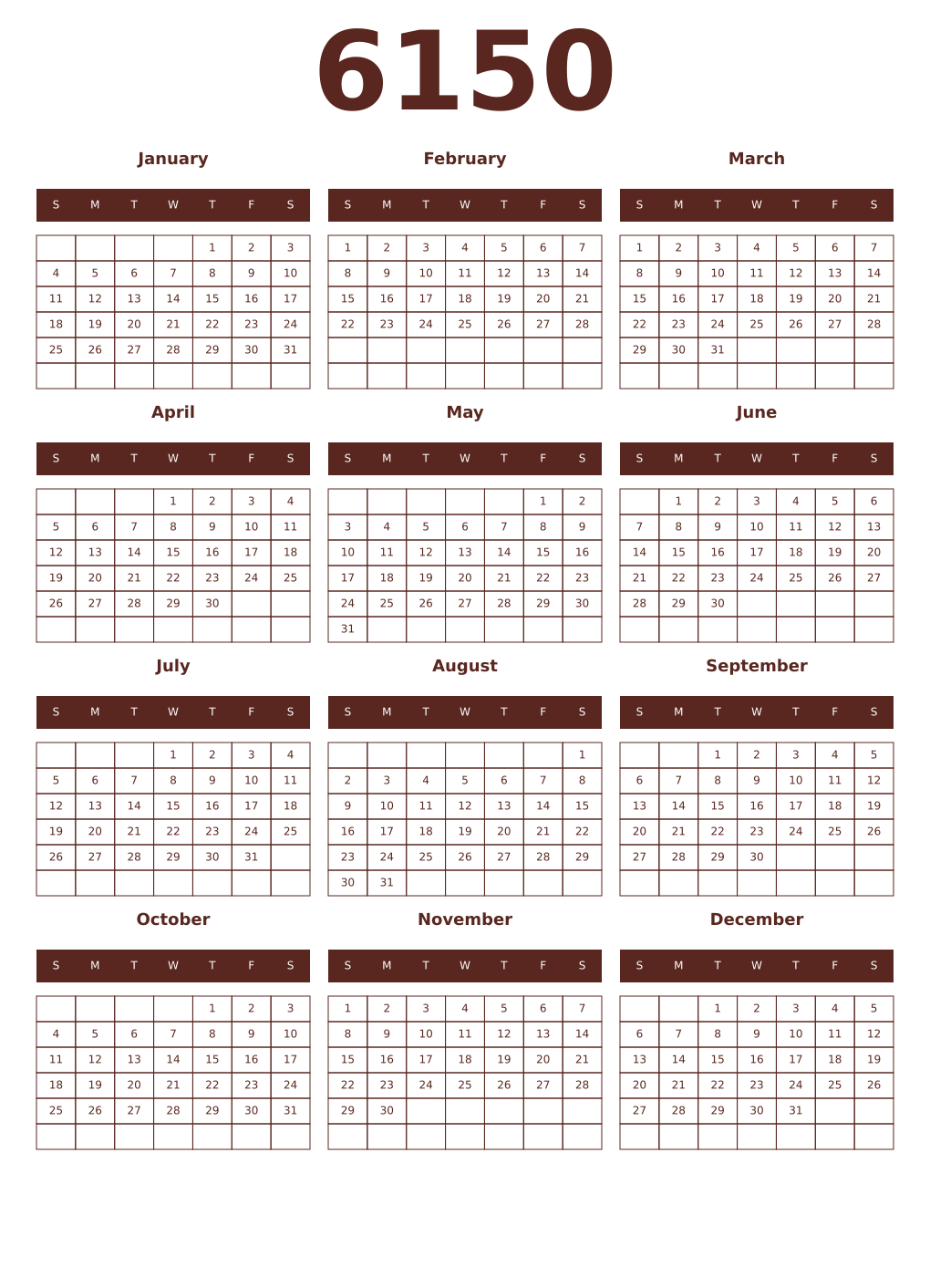 Printable 6150 Year Calendars mortuum