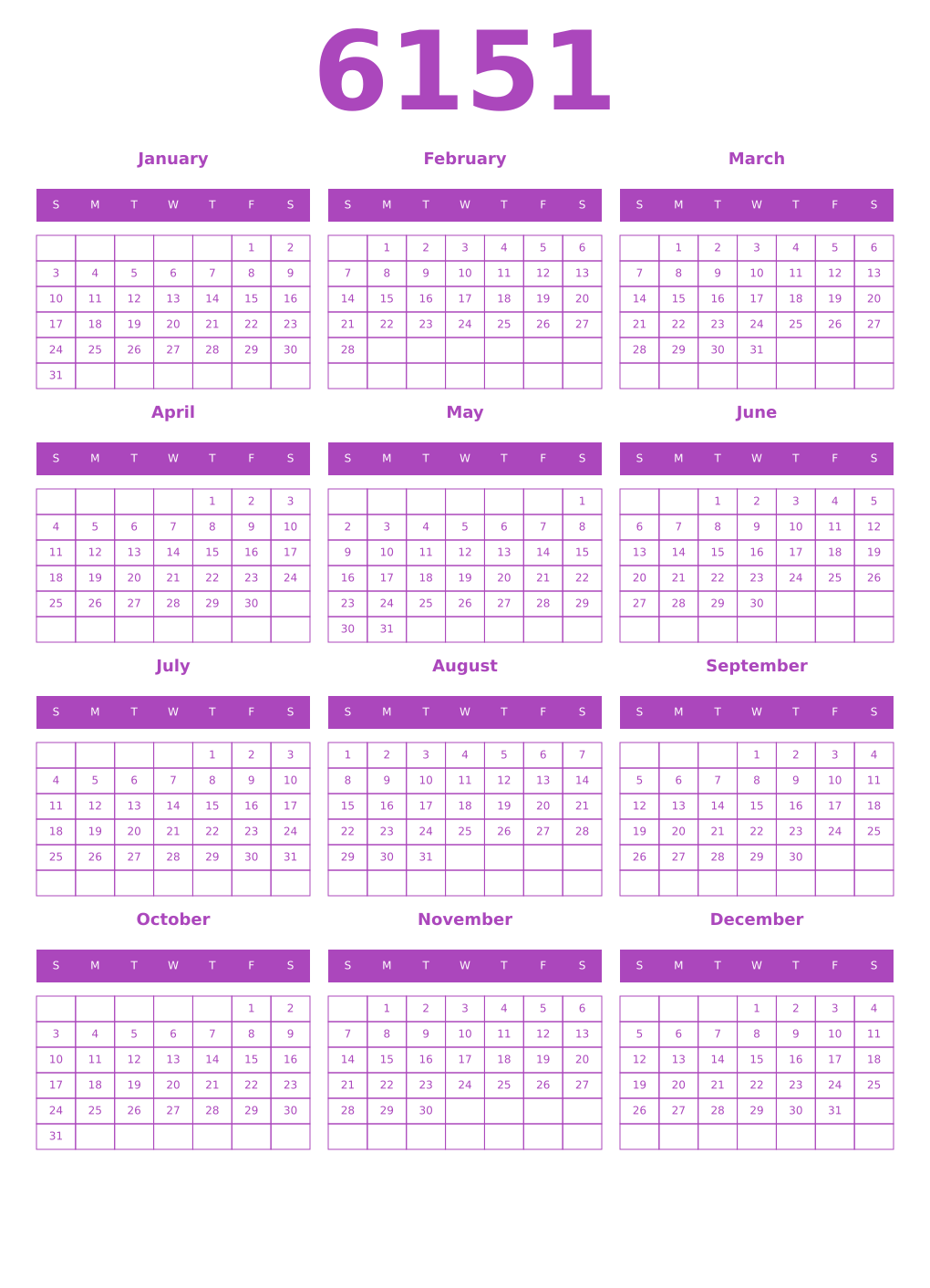 Printable 6151 Calendars