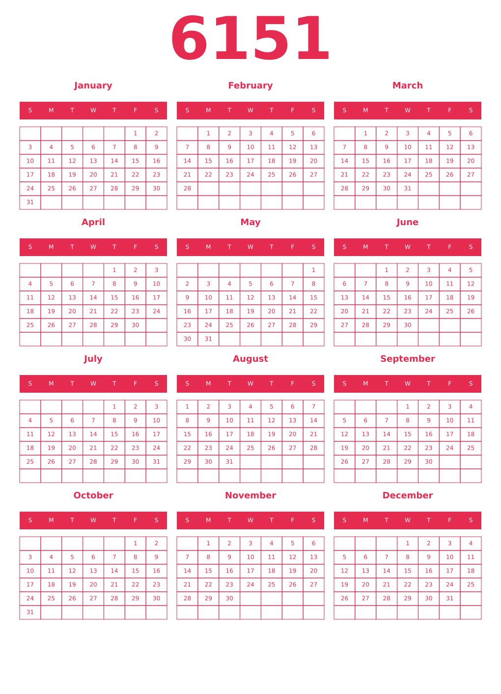Printable 6151 Year Calendars amaranth