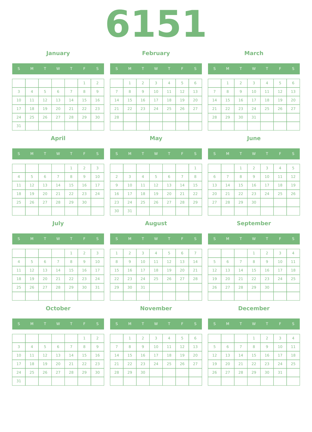 Printable 6151 Year Calendars celadon