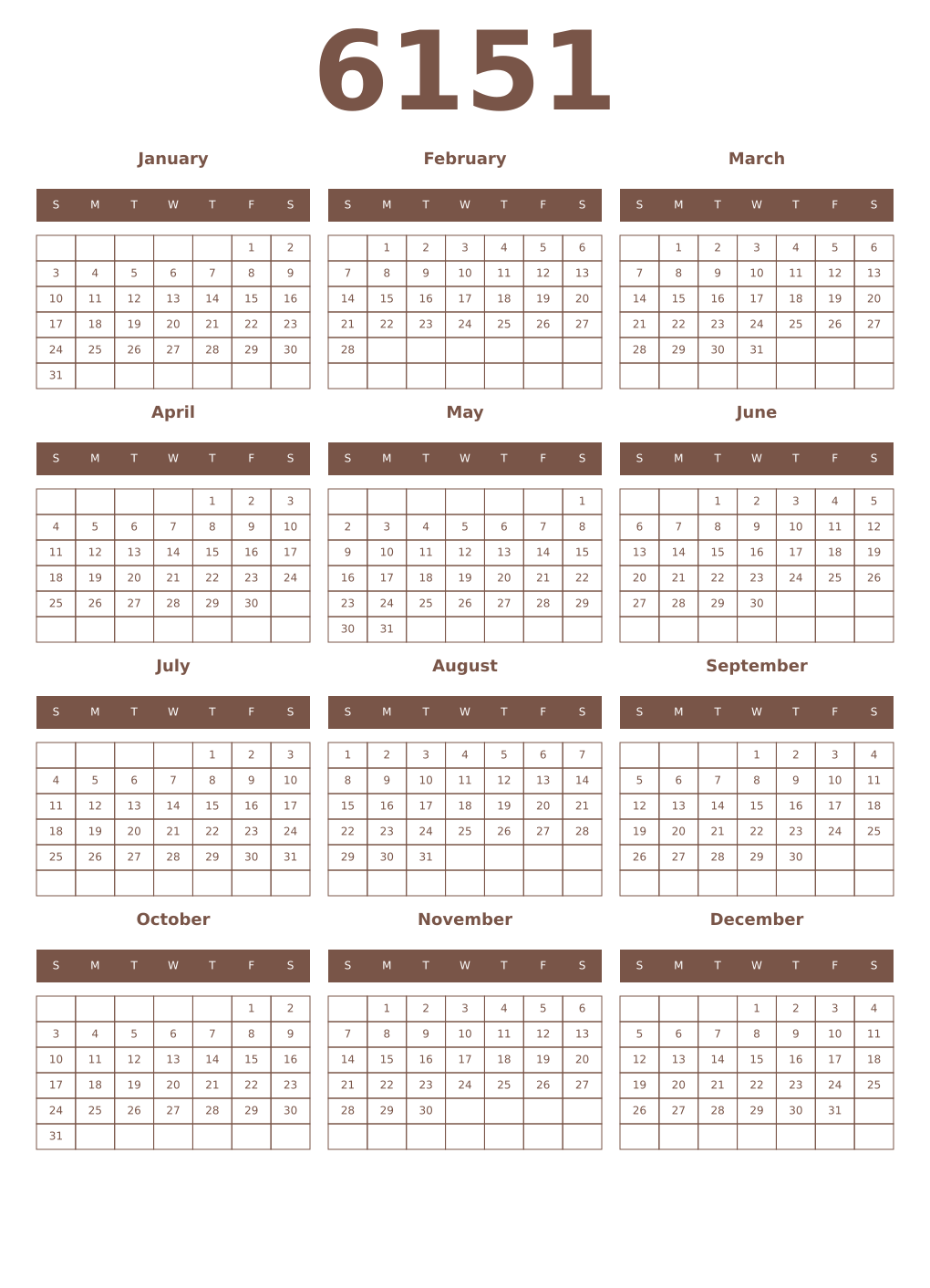 Printable 6151 Year Calendars coffe