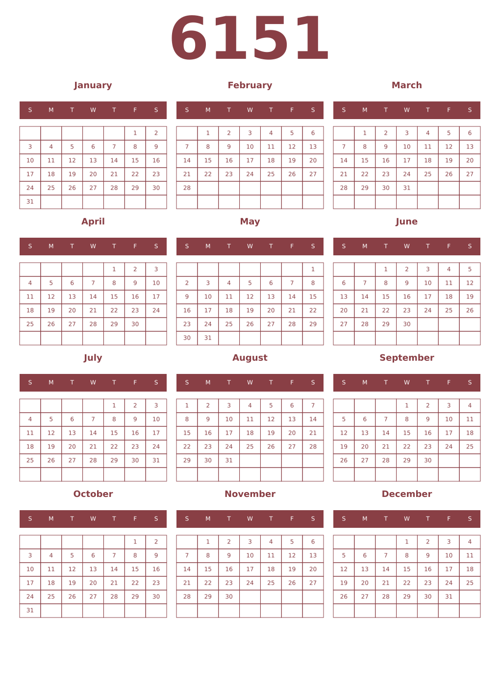 Printable 6151 Year Calendars cordovan