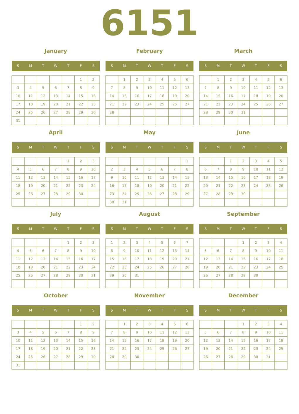 Printable 6151 Year Calendars eburnean