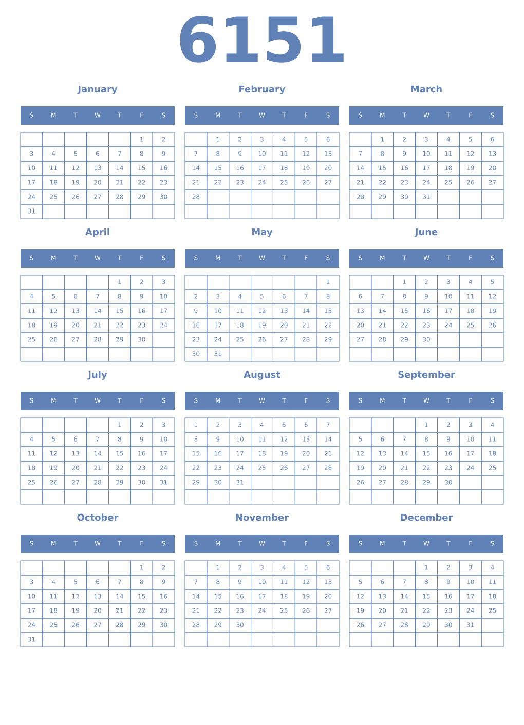 Printable 6151 Year Calendars glaucous